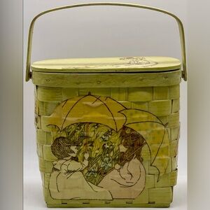 Vtg 60s 70s Decoupage Basket Purse Umbrella Girls Cottagecore Folk Art‎ Kitschy